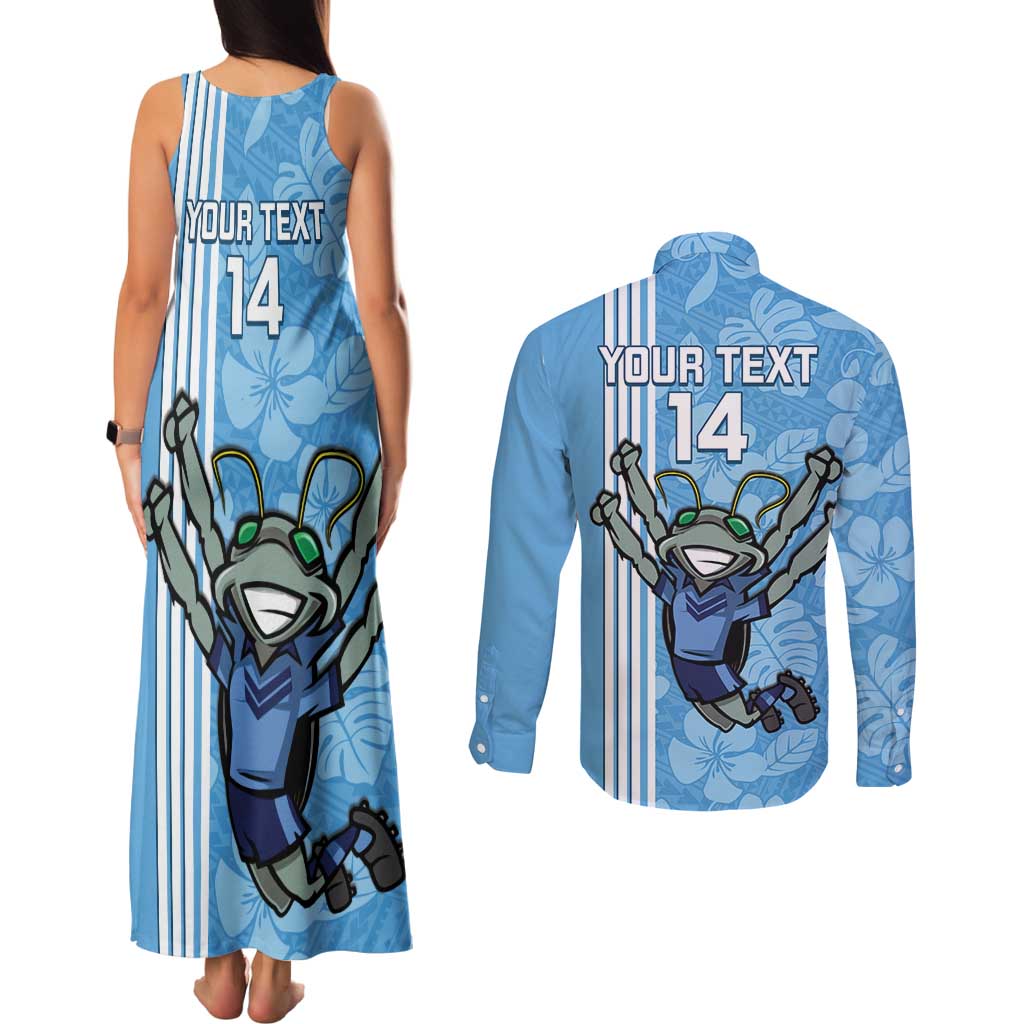Custom NSW Blues Rugby Couples Matching Tank Maxi Dress and Long Sleeve Button Shirt Cockroaches Polynesian Pattern Tropical Vibes