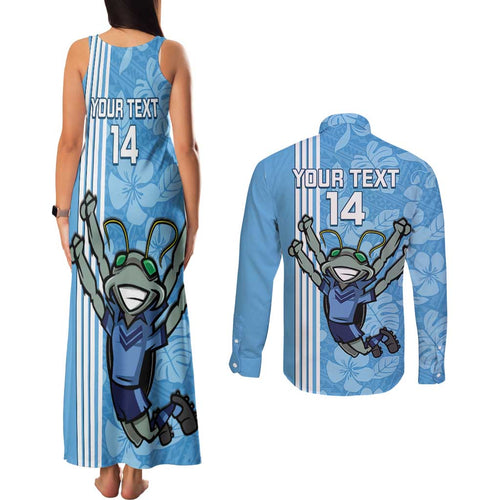 Custom NSW Blues Rugby Couples Matching Tank Maxi Dress and Long Sleeve Button Shirt Cockroaches Polynesian Pattern Tropical Vibes