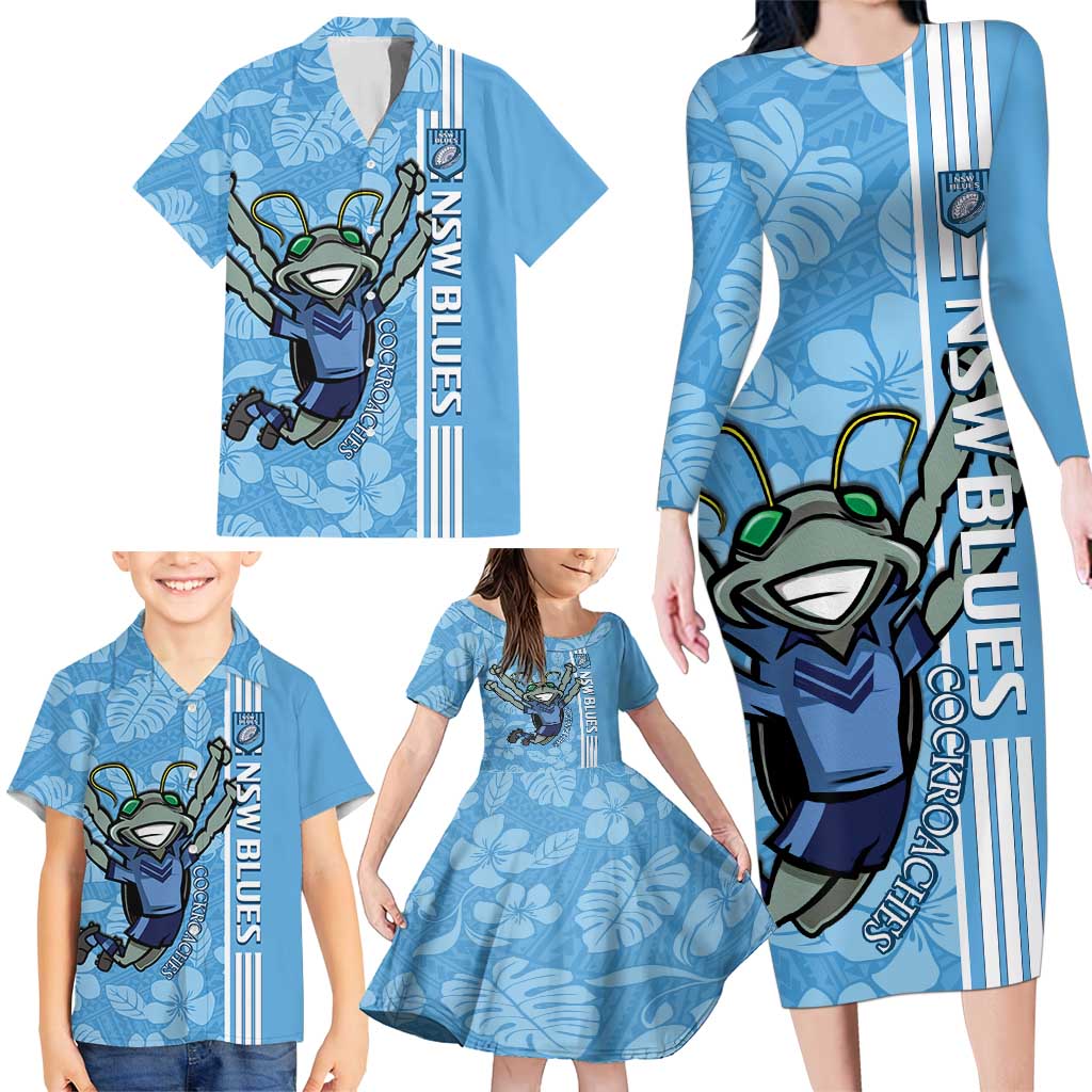 Custom NSW Blues Rugby Family Matching Long Sleeve Bodycon Dress and Hawaiian Shirt Cockroaches Polynesian Pattern Tropical Vibes