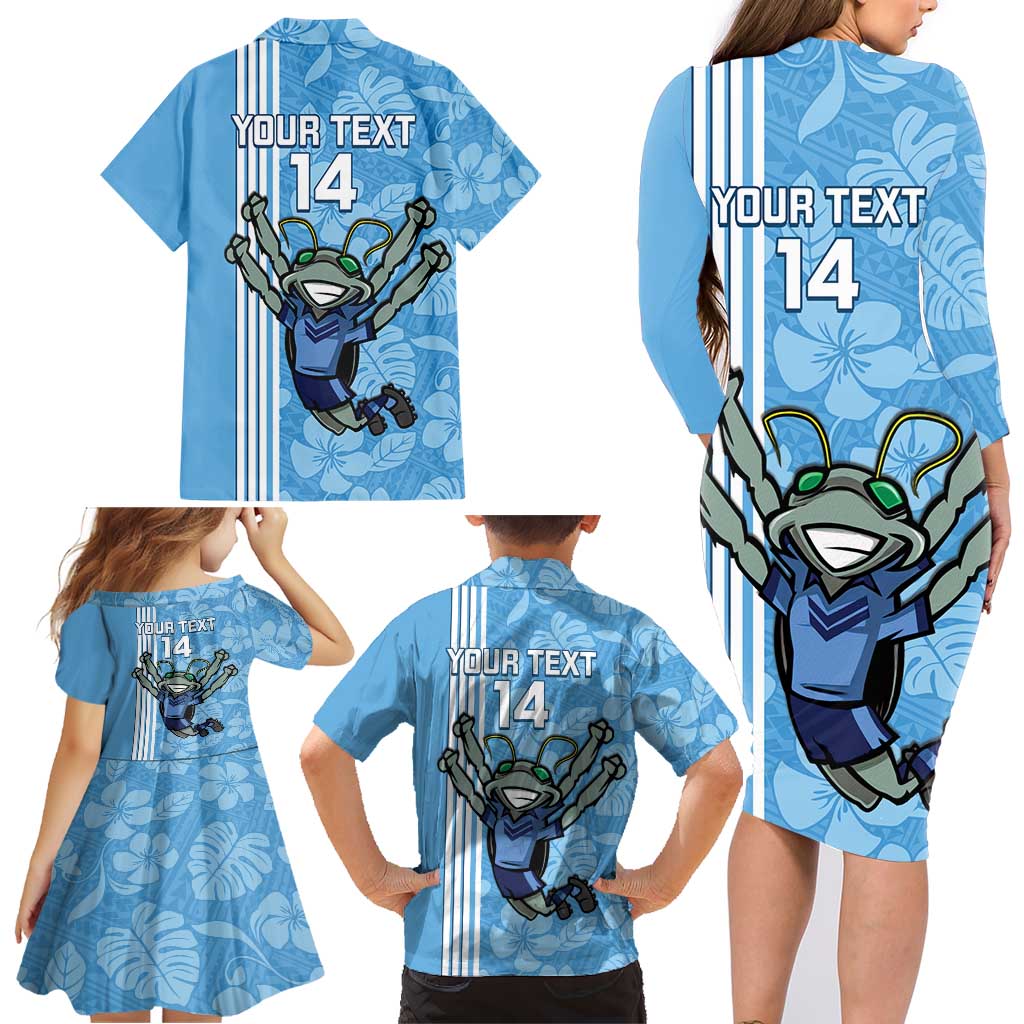 Custom NSW Blues Rugby Family Matching Long Sleeve Bodycon Dress and Hawaiian Shirt Cockroaches Polynesian Pattern Tropical Vibes