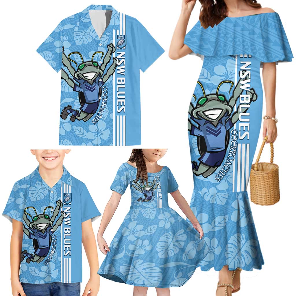Custom NSW Blues Rugby Family Matching Mermaid Dress and Hawaiian Shirt Cockroaches Polynesian Pattern Tropical Vibes
