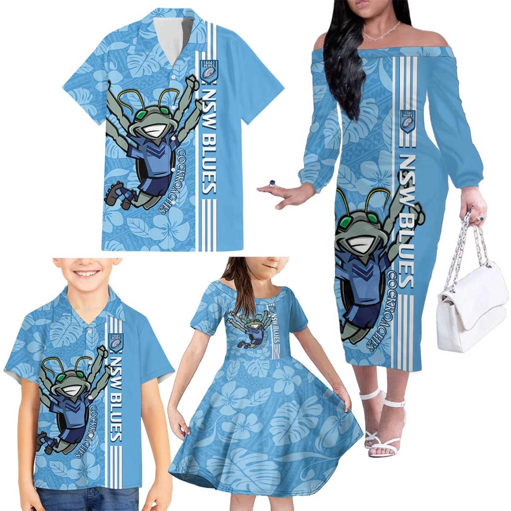 Custom NSW Blues Rugby Family Matching Off The Shoulder Long Sleeve Dress and Hawaiian Shirt Cockroaches Polynesian Pattern Tropical Vibes
