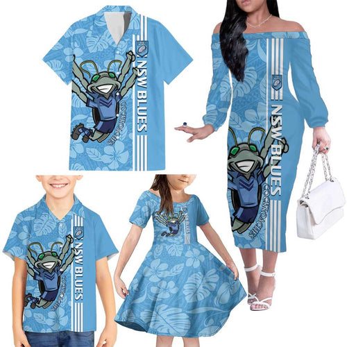 Custom NSW Blues Rugby Family Matching Off The Shoulder Long Sleeve Dress and Hawaiian Shirt Cockroaches Polynesian Pattern Tropical Vibes