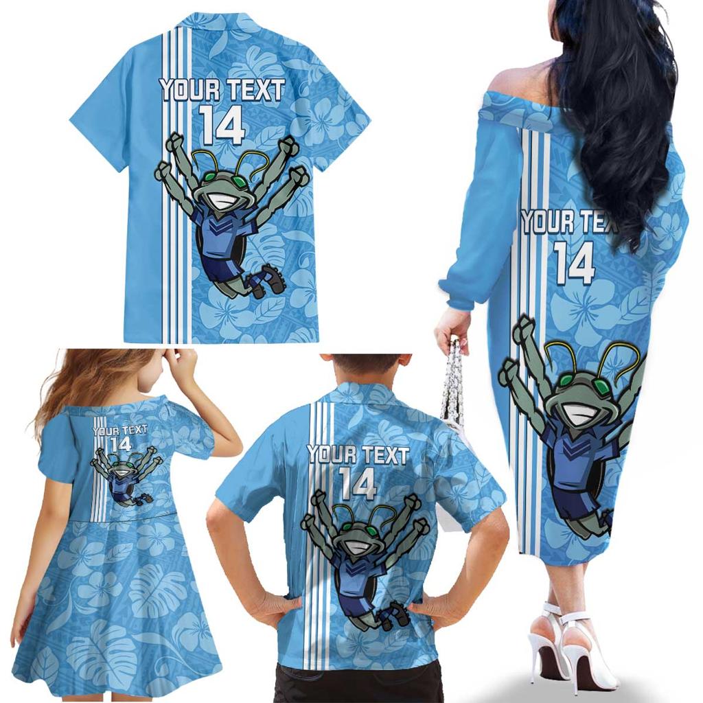 Custom NSW Blues Rugby Family Matching Off The Shoulder Long Sleeve Dress and Hawaiian Shirt Cockroaches Polynesian Pattern Tropical Vibes