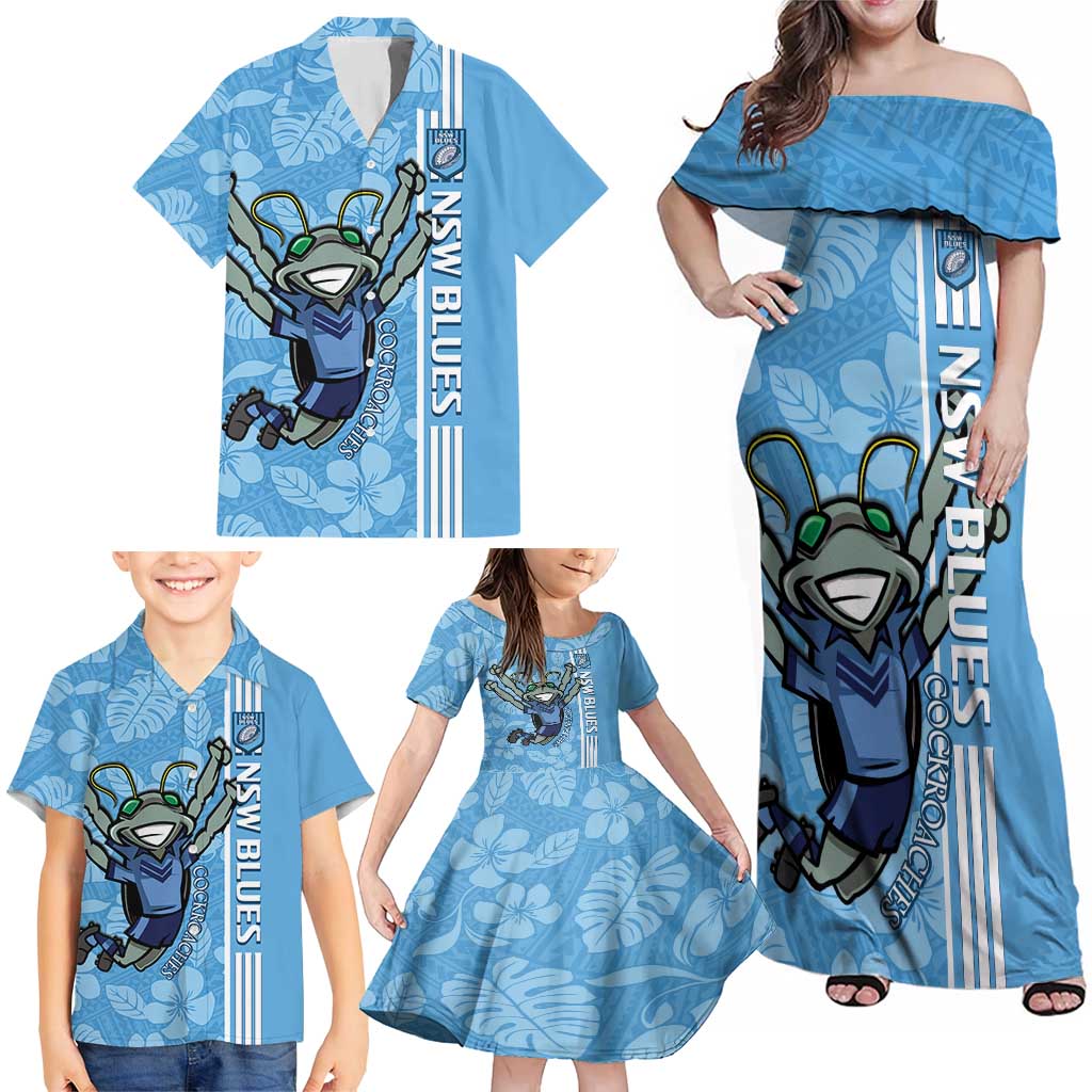Custom NSW Blues Rugby Family Matching Off Shoulder Maxi Dress and Hawaiian Shirt Cockroaches Polynesian Pattern Tropical Vibes