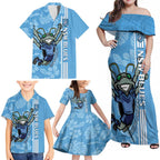 Custom NSW Blues Rugby Family Matching Off Shoulder Maxi Dress and Hawaiian Shirt Cockroaches Polynesian Pattern Tropical Vibes