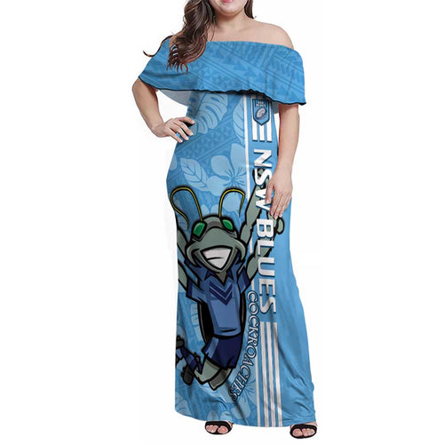 Custom NSW Blues Rugby Family Matching Off Shoulder Maxi Dress and Hawaiian Shirt Cockroaches Polynesian Pattern Tropical Vibes