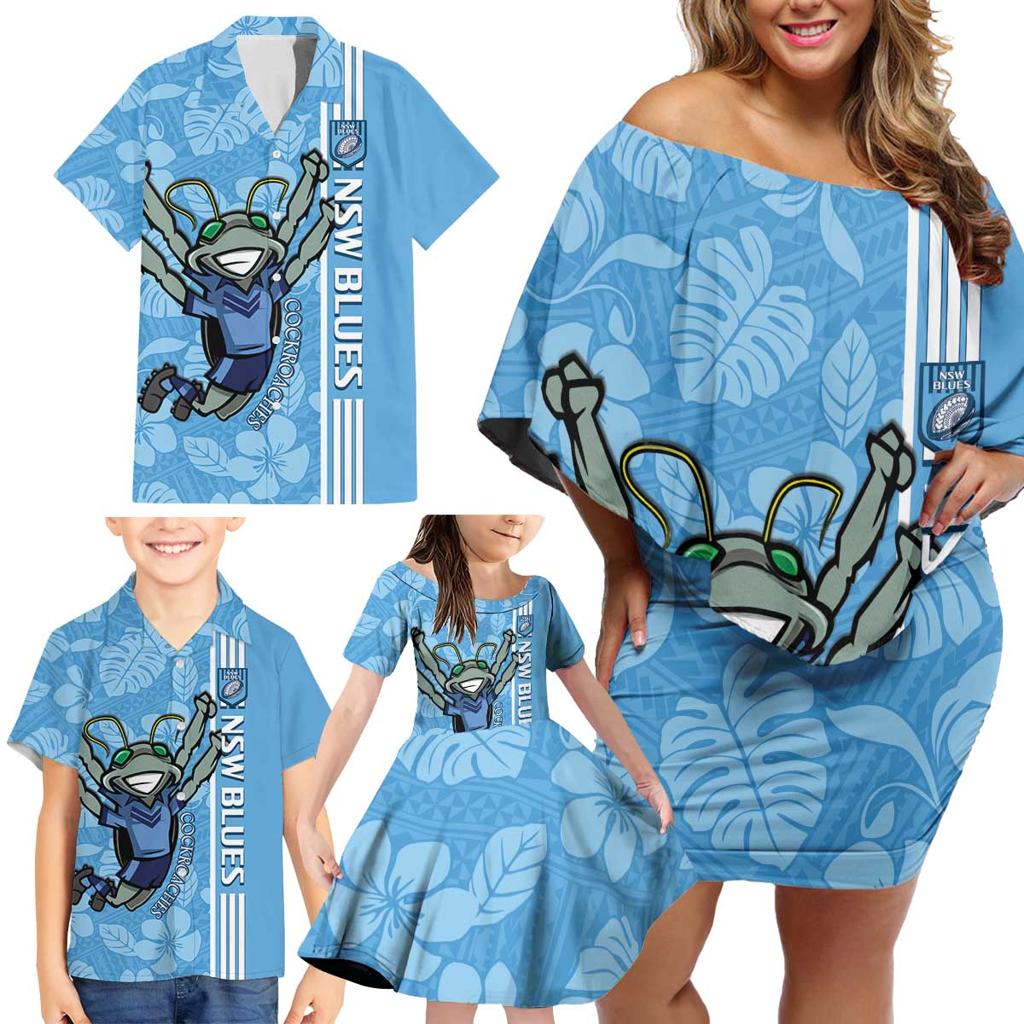 Custom NSW Blues Rugby Family Matching Off Shoulder Short Dress and Hawaiian Shirt Cockroaches Polynesian Pattern Tropical Vibes
