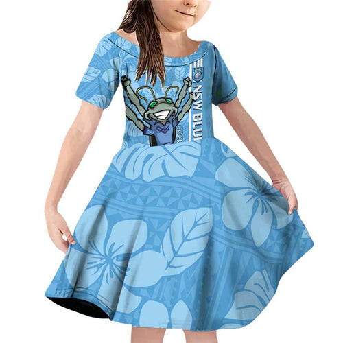 Custom NSW Blues Rugby Family Matching Off Shoulder Short Dress and Hawaiian Shirt Cockroaches Polynesian Pattern Tropical Vibes
