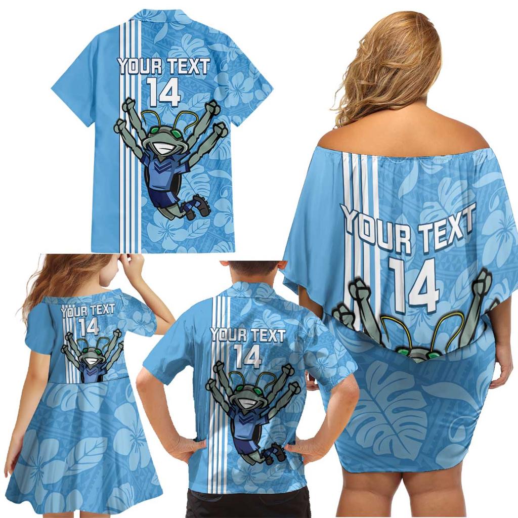 Custom NSW Blues Rugby Family Matching Off Shoulder Short Dress and Hawaiian Shirt Cockroaches Polynesian Pattern Tropical Vibes