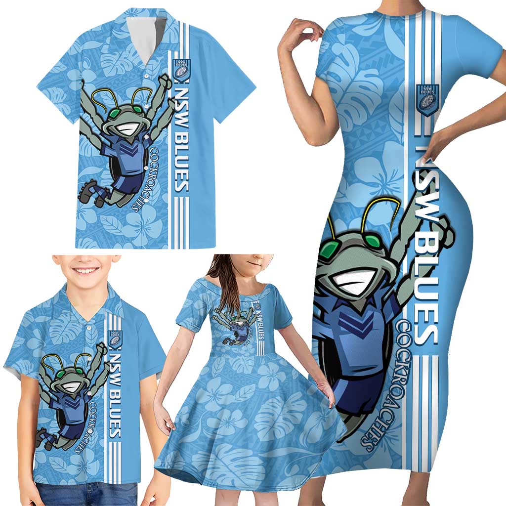 Custom NSW Blues Rugby Family Matching Short Sleeve Bodycon Dress and Hawaiian Shirt Cockroaches Polynesian Pattern Tropical Vibes