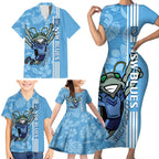 Custom NSW Blues Rugby Family Matching Short Sleeve Bodycon Dress and Hawaiian Shirt Cockroaches Polynesian Pattern Tropical Vibes