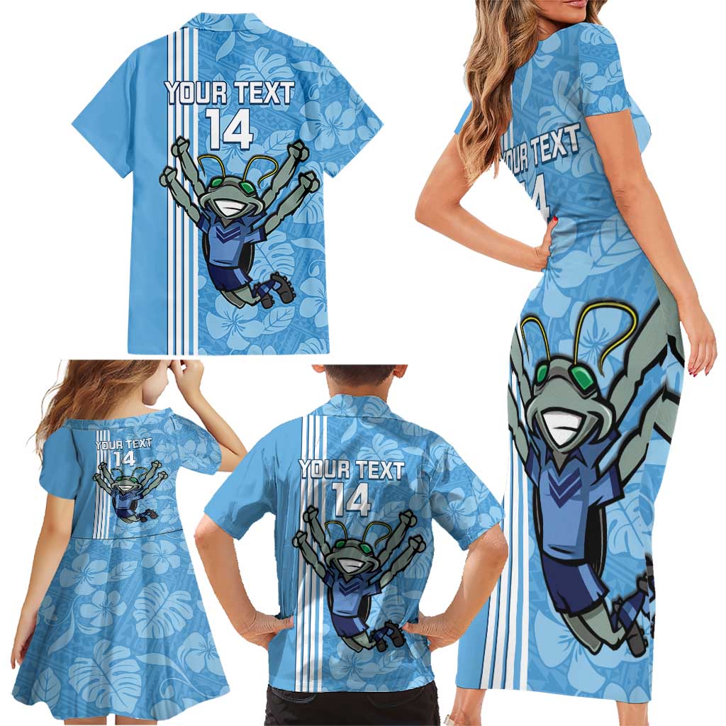Custom NSW Blues Rugby Family Matching Short Sleeve Bodycon Dress and Hawaiian Shirt Cockroaches Polynesian Pattern Tropical Vibes