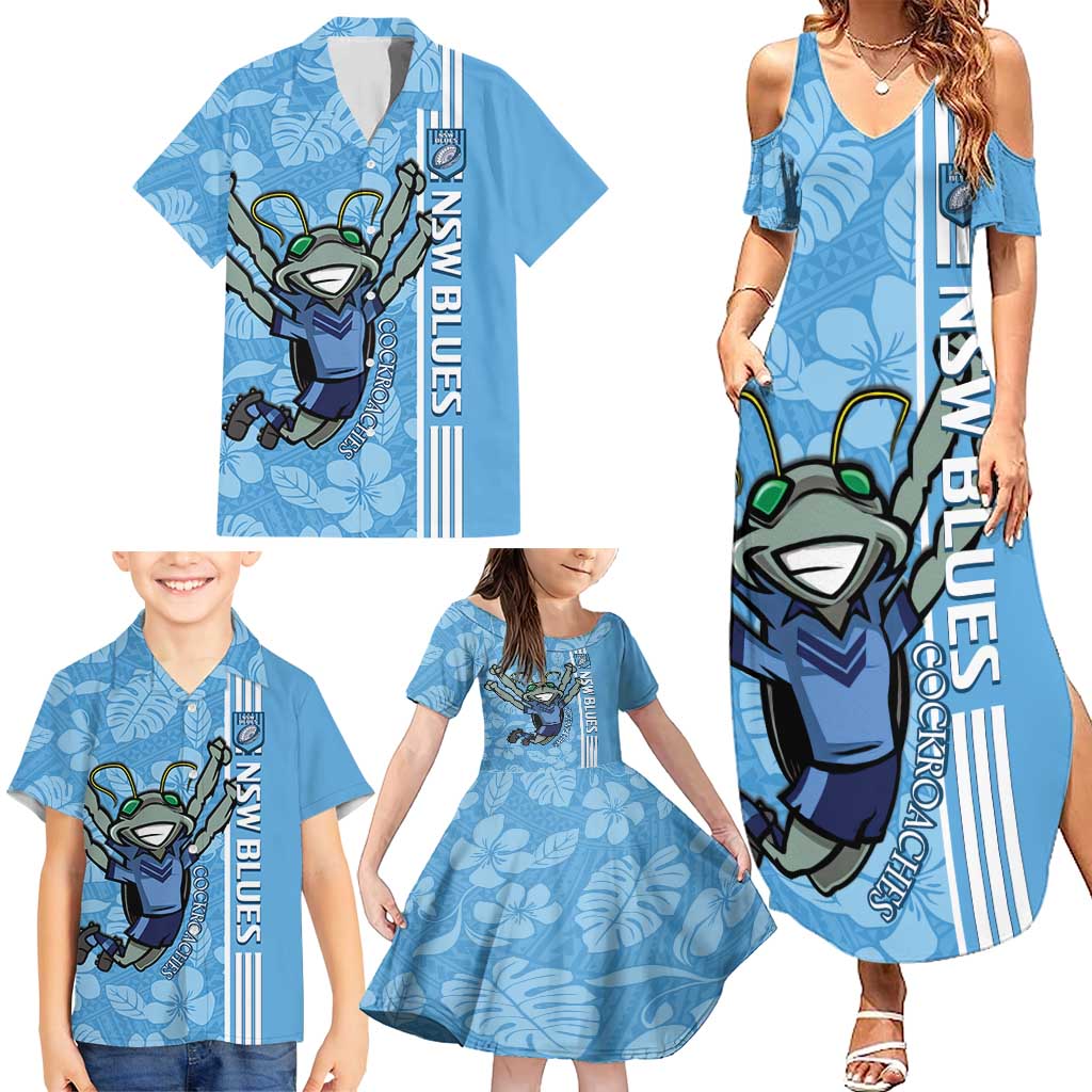 Custom NSW Blues Rugby Family Matching Summer Maxi Dress and Hawaiian Shirt Cockroaches Polynesian Pattern Tropical Vibes