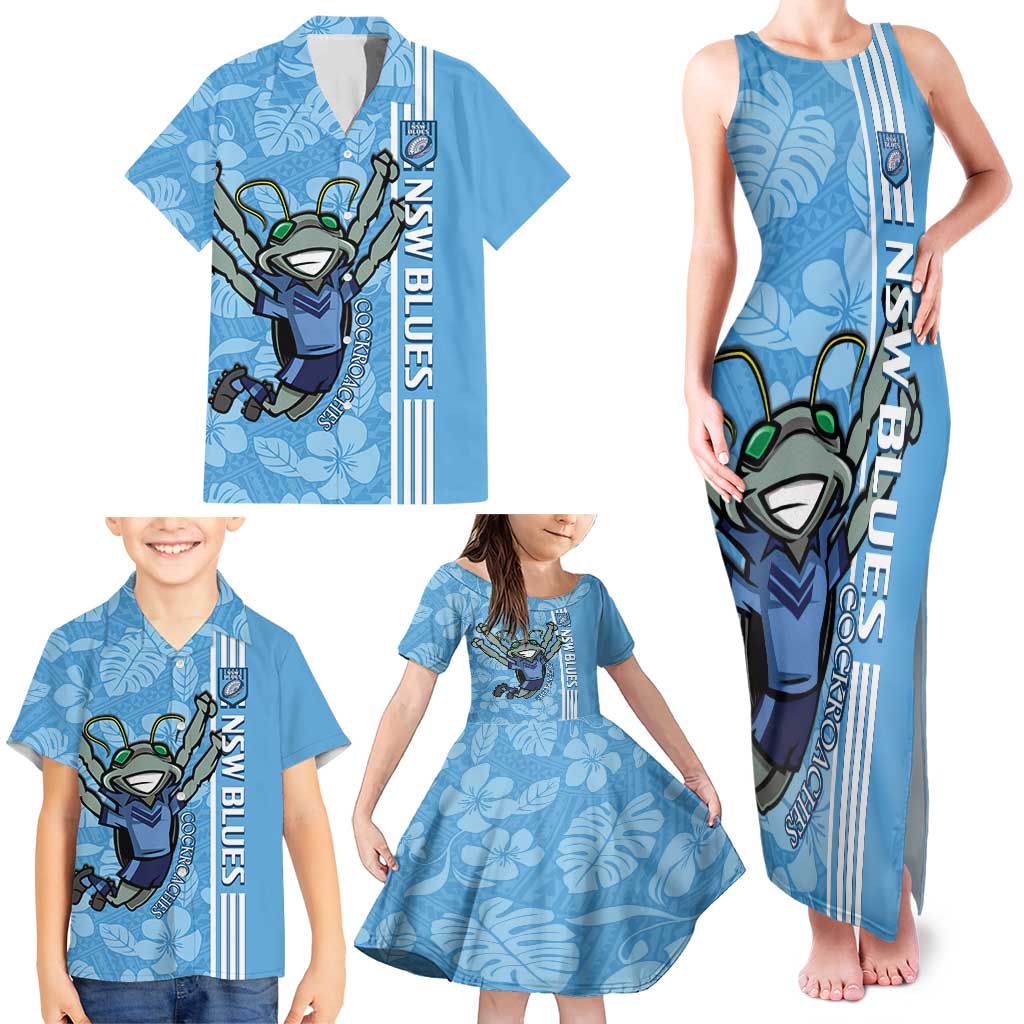 Custom NSW Blues Rugby Family Matching Tank Maxi Dress and Hawaiian Shirt Cockroaches Polynesian Pattern Tropical Vibes