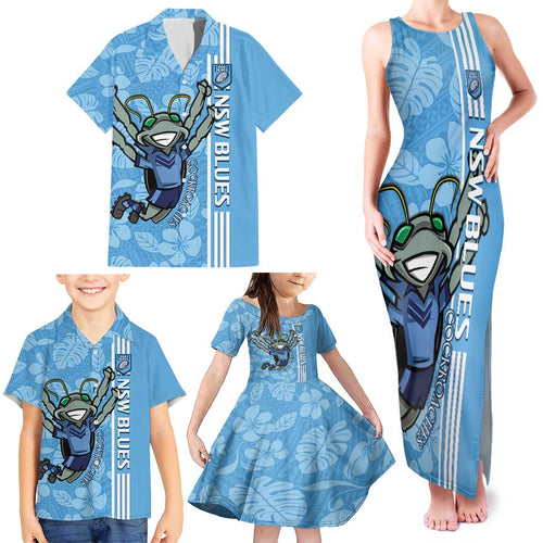 Custom NSW Blues Rugby Family Matching Tank Maxi Dress and Hawaiian Shirt Cockroaches Polynesian Pattern Tropical Vibes