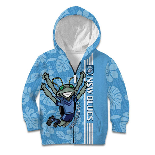 Custom NSW Blues Rugby Kid Hoodie Cockroaches Polynesian Pattern Tropical Vibes