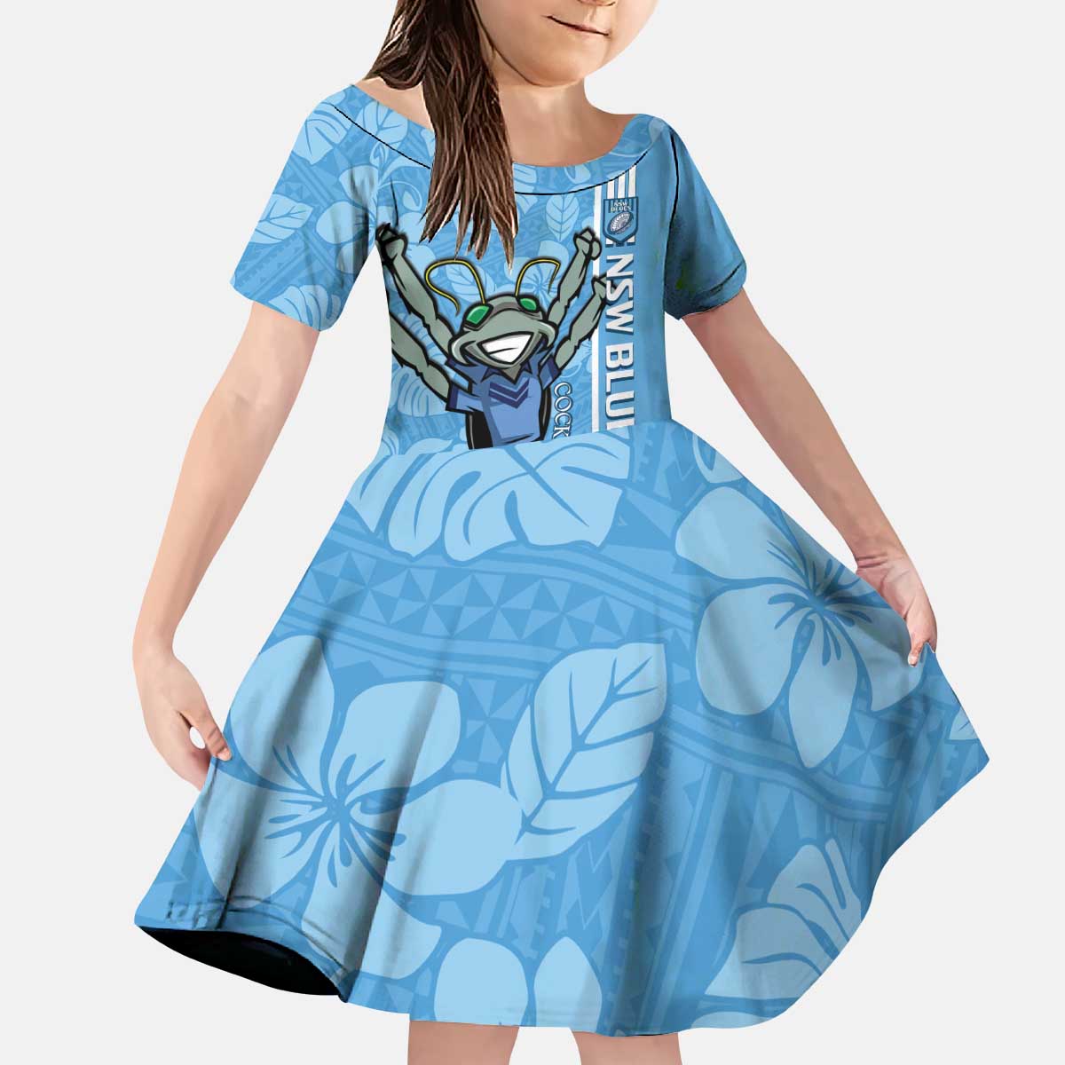 Custom NSW Blues Rugby Kid Short Sleeve Dress Cockroaches Polynesian Pattern Tropical Vibes