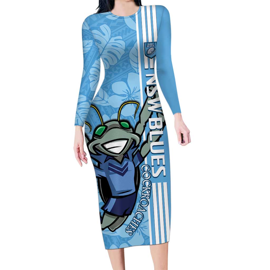 Custom NSW Blues Rugby Long Sleeve Bodycon Dress Cockroaches Polynesian Pattern Tropical Vibes