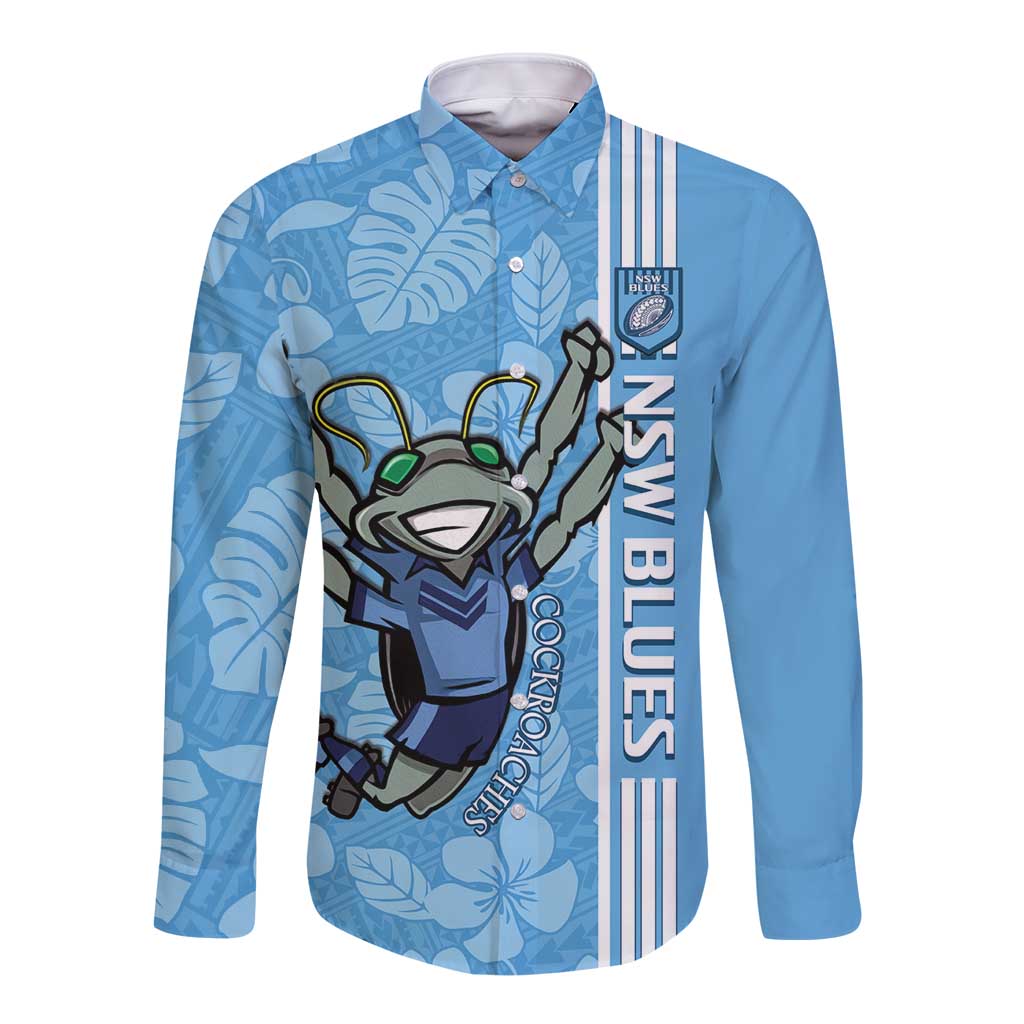 Custom NSW Blues Rugby Long Sleeve Button Shirt Cockroaches Polynesian Pattern Tropical Vibes