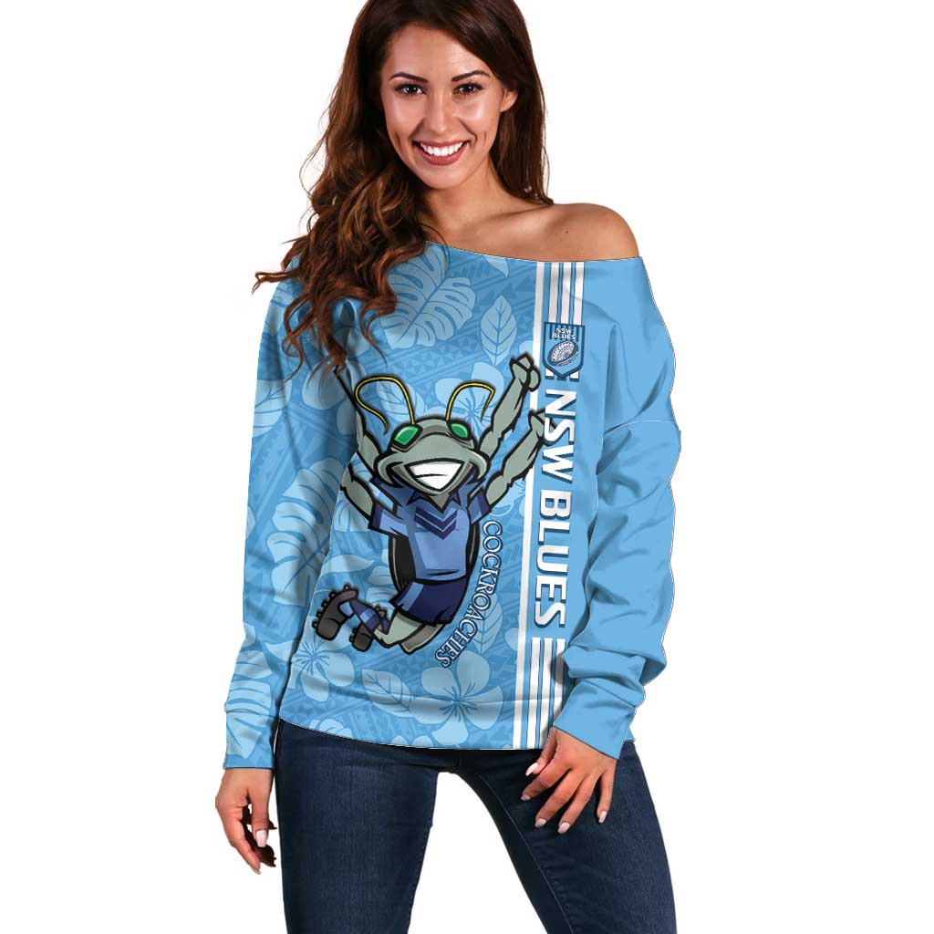 Custom NSW Blues Rugby Off Shoulder Sweater Cockroaches Polynesian Pattern Tropical Vibes