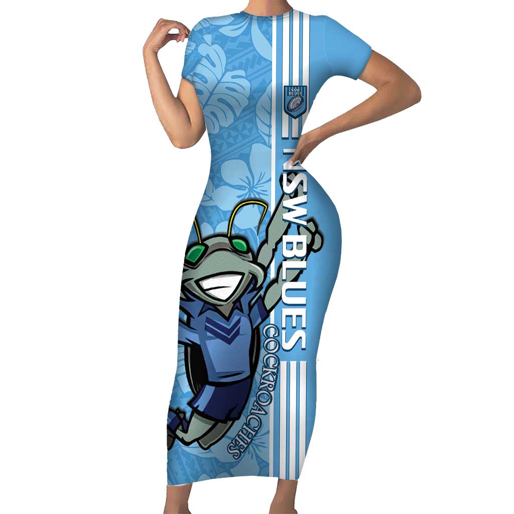 Custom NSW Blues Rugby Short Sleeve Bodycon Dress Cockroaches Polynesian Pattern Tropical Vibes