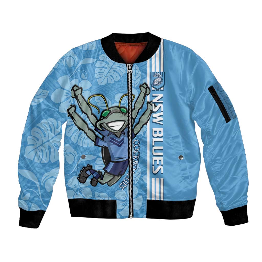 Custom NSW Blues Rugby Sleeve Zip Bomber Jacket Cockroaches Polynesian Pattern Tropical Vibes