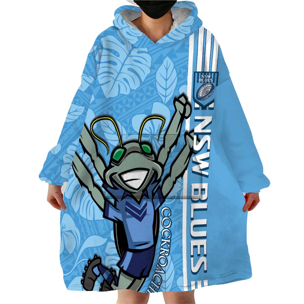 Custom NSW Blues Rugby Wearable Blanket Hoodie Cockroaches Polynesian Pattern Tropical Vibes