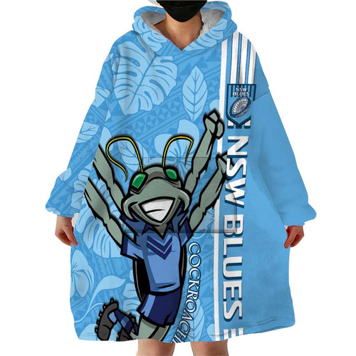 Custom NSW Blues Rugby Wearable Blanket Hoodie Cockroaches Polynesian Pattern Tropical Vibes