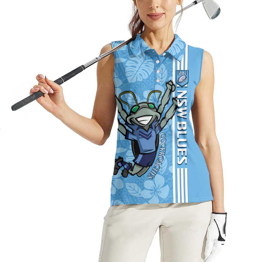 Custom NSW Blues Rugby Women Sleeveless Polo Shirt Cockroaches Polynesian Pattern Tropical Vibes