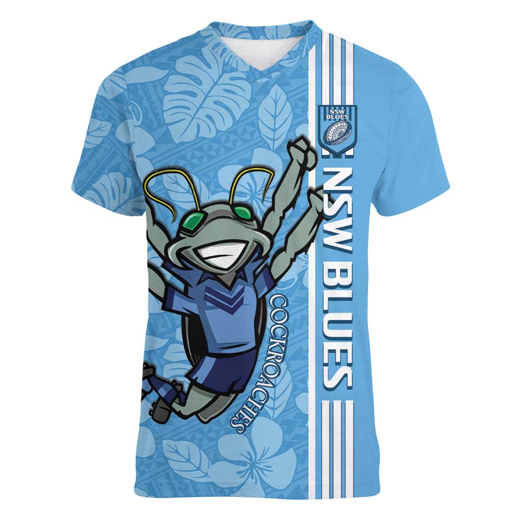 Custom NSW Blues Rugby Women V-Neck T-Shirt Cockroaches Polynesian Pattern Tropical Vibes