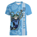 Custom NSW Blues Rugby Women V-Neck T-Shirt Cockroaches Polynesian Pattern Tropical Vibes