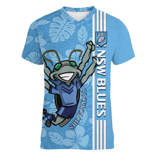 Custom NSW Blues Rugby Women V-Neck T-Shirt Cockroaches Polynesian Pattern Tropical Vibes