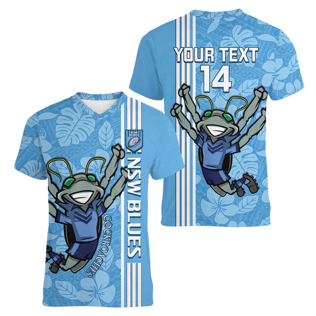 Custom NSW Blues Rugby Women V-Neck T-Shirt Cockroaches Polynesian Pattern Tropical Vibes