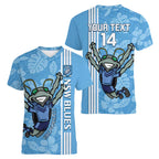 Custom NSW Blues Rugby Women V-Neck T-Shirt Cockroaches Polynesian Pattern Tropical Vibes