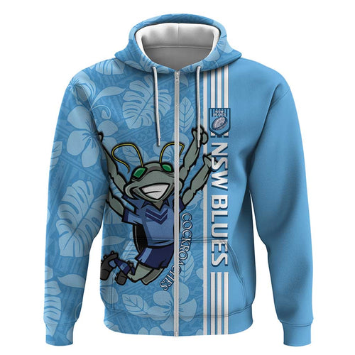 Custom NSW Blues Rugby Zip Hoodie Cockroaches Polynesian Pattern Tropical Vibes