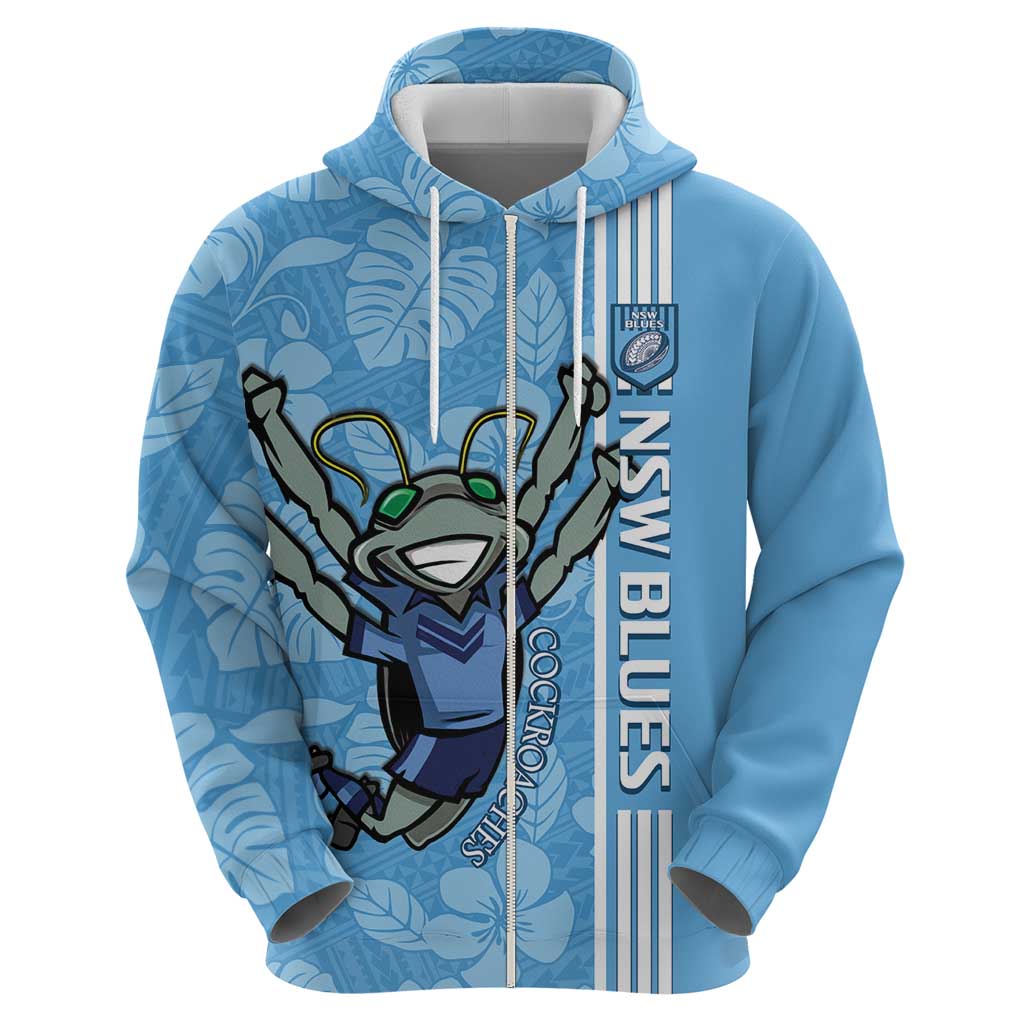 Custom NSW Blues Rugby Zip Hoodie Cockroaches Polynesian Pattern Tropical Vibes