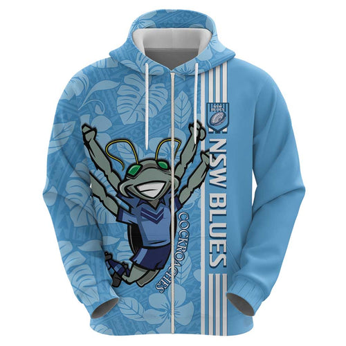 Custom NSW Blues Rugby Zip Hoodie Cockroaches Polynesian Pattern Tropical Vibes