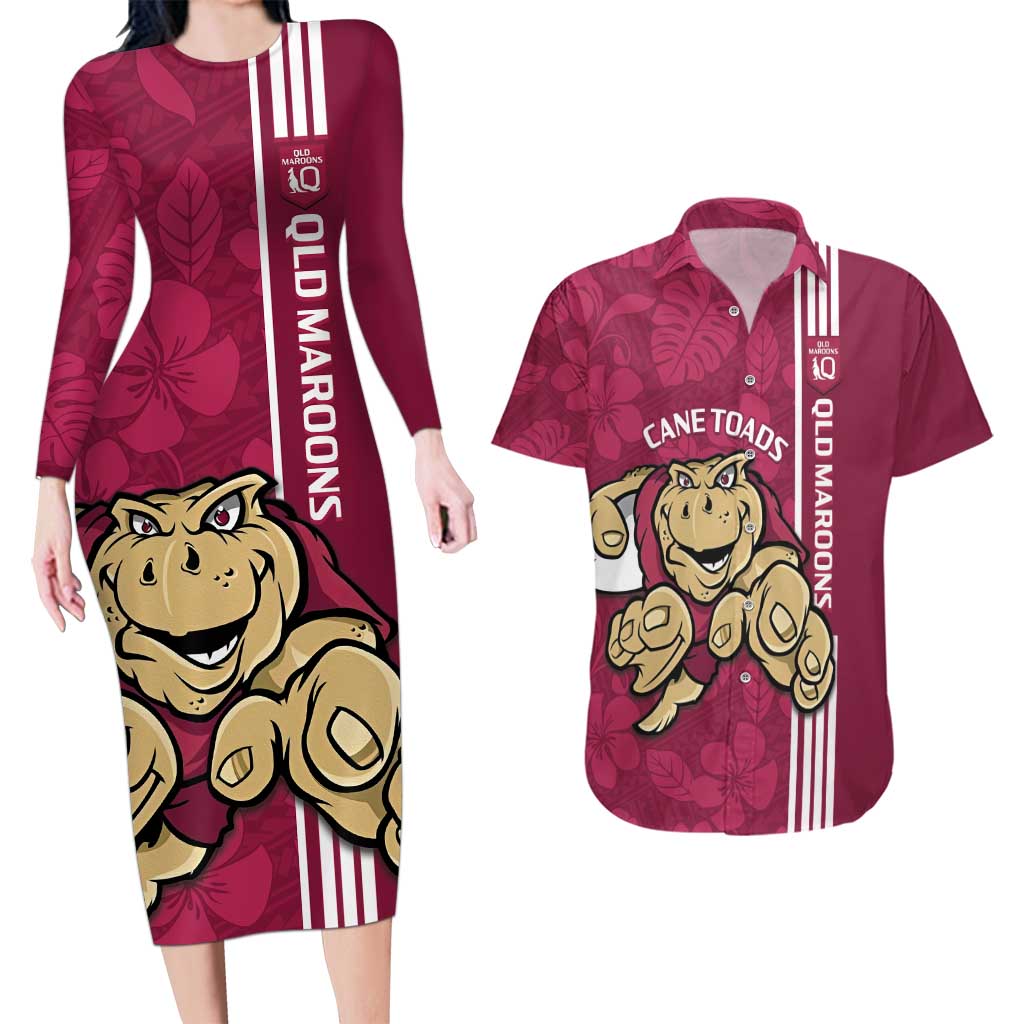 Custom QLD Maroons Rugby Couples Matching Long Sleeve Bodycon Dress and Hawaiian Shirt Cane Toads Polynesian Pattern Tropical Vibes