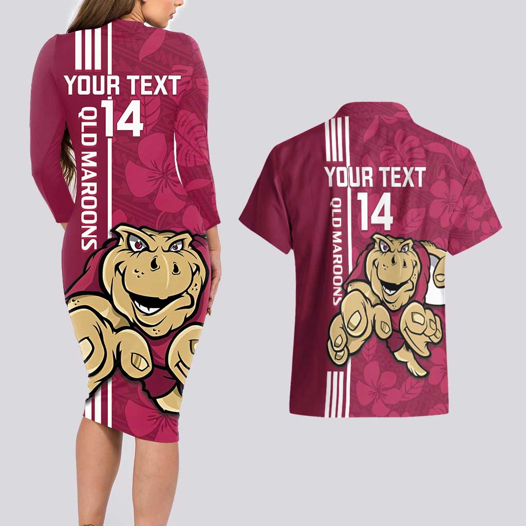 Custom QLD Maroons Rugby Couples Matching Long Sleeve Bodycon Dress and Hawaiian Shirt Cane Toads Polynesian Pattern Tropical Vibes