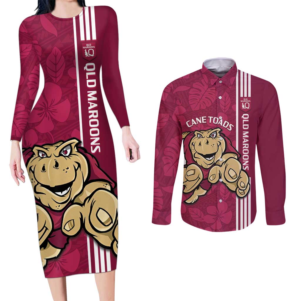 Custom QLD Maroons Rugby Couples Matching Long Sleeve Bodycon Dress and Long Sleeve Button Shirt Cane Toads Polynesian Pattern Tropical Vibes