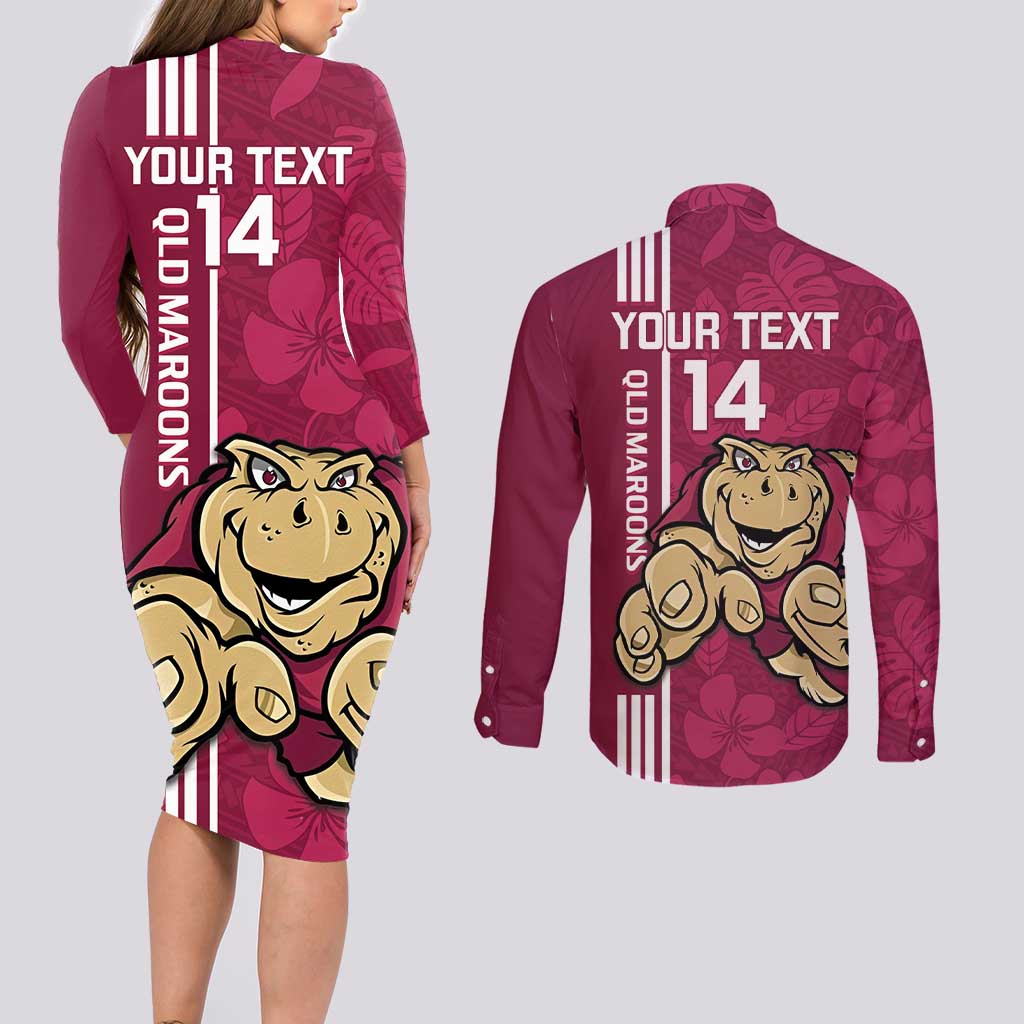 Custom QLD Maroons Rugby Couples Matching Long Sleeve Bodycon Dress and Long Sleeve Button Shirt Cane Toads Polynesian Pattern Tropical Vibes