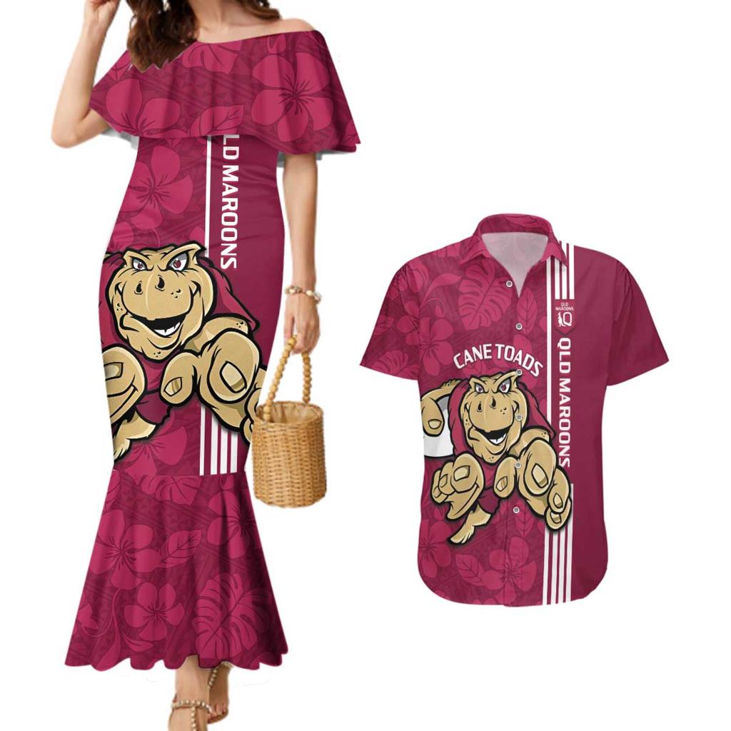 Custom QLD Maroons Rugby Couples Matching Mermaid Dress and Hawaiian Shirt Cane Toads Polynesian Pattern Tropical Vibes