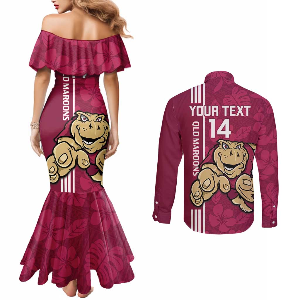 Custom QLD Maroons Rugby Couples Matching Mermaid Dress and Long Sleeve Button Shirt Cane Toads Polynesian Pattern Tropical Vibes