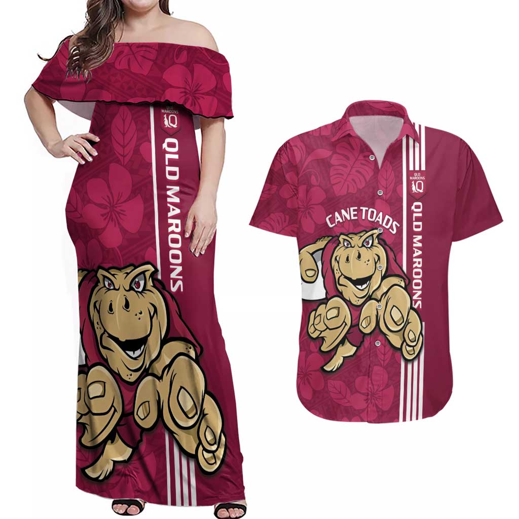 Custom QLD Maroons Rugby Couples Matching Off Shoulder Maxi Dress and Hawaiian Shirt Cane Toads Polynesian Pattern Tropical Vibes