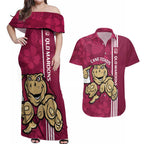 Custom QLD Maroons Rugby Couples Matching Off Shoulder Maxi Dress and Hawaiian Shirt Cane Toads Polynesian Pattern Tropical Vibes