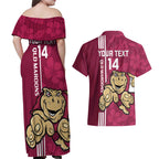 Custom QLD Maroons Rugby Couples Matching Off Shoulder Maxi Dress and Hawaiian Shirt Cane Toads Polynesian Pattern Tropical Vibes