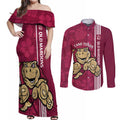 Custom QLD Maroons Rugby Couples Matching Off Shoulder Maxi Dress and Long Sleeve Button Shirt Cane Toads Polynesian Pattern Tropical Vibes