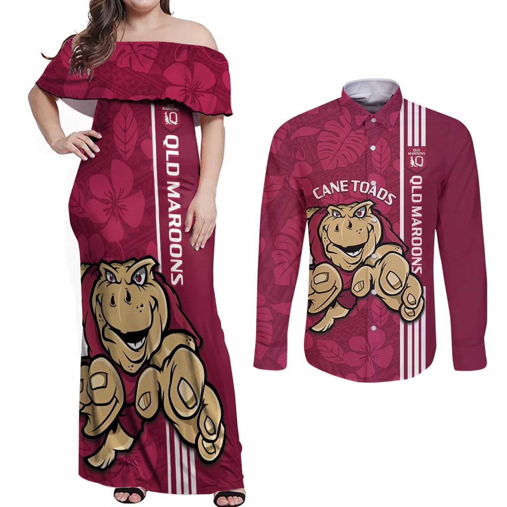 Custom QLD Maroons Rugby Couples Matching Off Shoulder Maxi Dress and Long Sleeve Button Shirt Cane Toads Polynesian Pattern Tropical Vibes