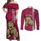 Custom QLD Maroons Rugby Couples Matching Off Shoulder Maxi Dress and Long Sleeve Button Shirt Cane Toads Polynesian Pattern Tropical Vibes
